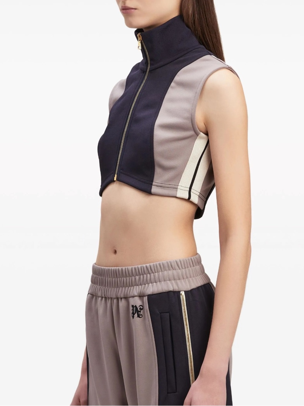 Palm Angels Sleeveless High Neck Zip Crop Top in Navy Blue, Lilac and White